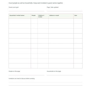 May include: A white wedding guest list planner page with the heading Who we want to invite. It features a table with columns for Household or invited names, People, Children if invited, Address or email, and Sent, plus footer notes.