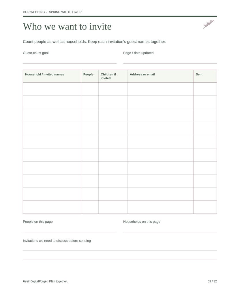 May include: A white wedding guest list planner page with the heading Who we want to invite. It features a table with columns for Household or invited names, People, Children if invited, Address or email, and Sent, plus footer notes.