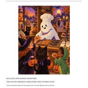 May include: A print-and-play adventure titled The Midnight Sweet Shop featuring a ghost chef serving pumpkin and bat-shaped cookies to three children in Halloween costumes. The scene includes a black cat, candy jars, and festive decor.
