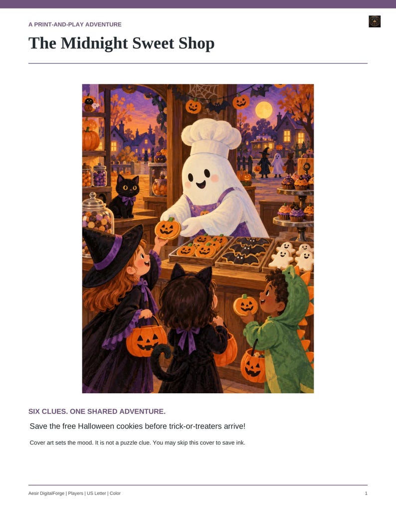 May include: A print-and-play adventure titled The Midnight Sweet Shop featuring a ghost chef serving pumpkin and bat-shaped cookies to three children in Halloween costumes. The scene includes a black cat, candy jars, and festive decor.