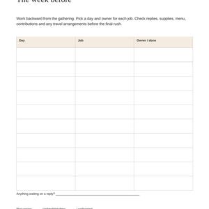 May include: A planning document titled Gather & Give Thanks: The week before. It features a table with columns for Day, Job, and Owner/done. Below the table are lines for Anything waiting on a reply, Plan version, Updated/date/time, Lead/contact, and Latest shared-copy location.
