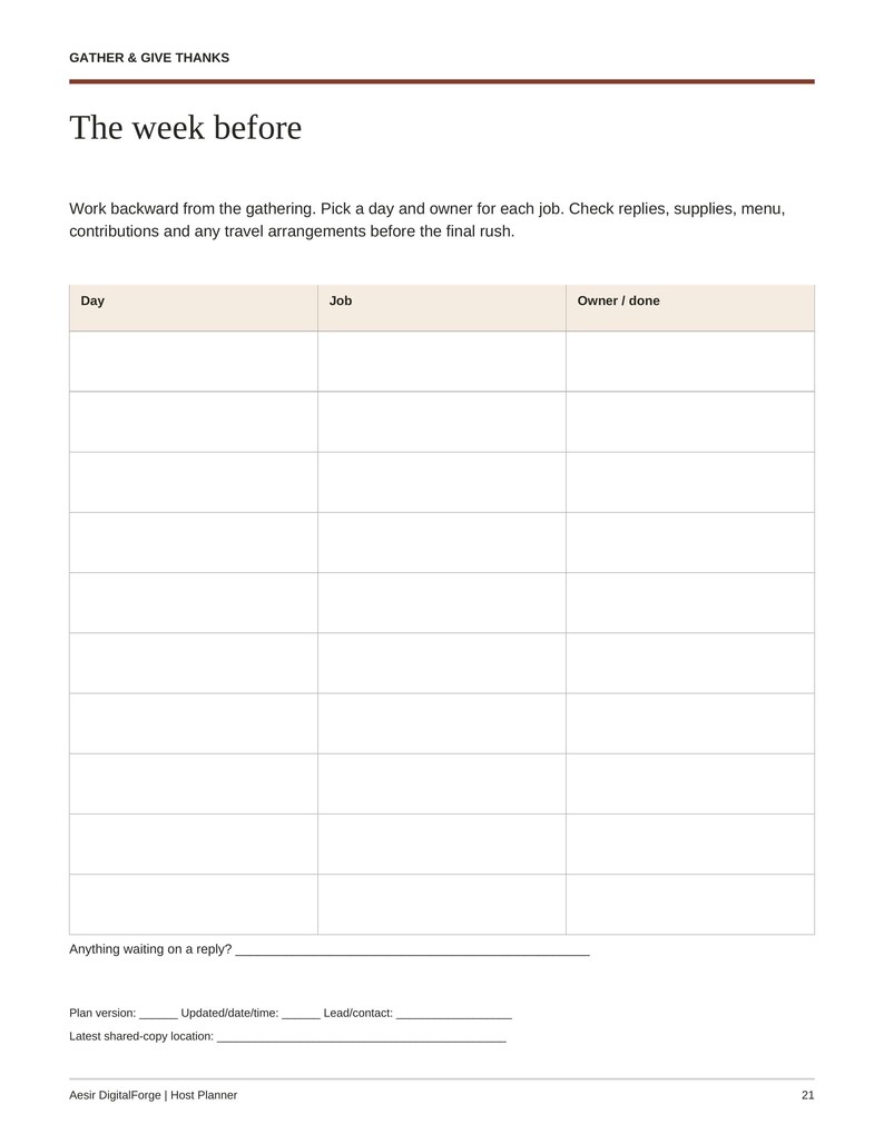 May include: A planning document titled Gather & Give Thanks: The week before. It features a table with columns for Day, Job, and Owner/done. Below the table are lines for Anything waiting on a reply, Plan version, Updated/date/time, Lead/contact, and Latest shared-copy location.