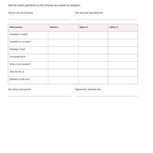 May include: A white wedding vendor comparison worksheet titled Choose our vendors with sections for service, date, spending limit, and a table with columns for Option 1, 2, and 3. The document includes text fields for company, availability, package, price, and notes.