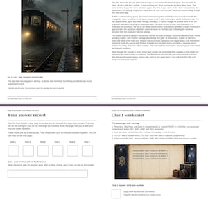 May include: A print-and-play adventure game titled Last Train from Blackthorn, featuring a story page, an answer record sheet, and a Clue 1 worksheet with a graphic of a vintage train station and a passenger list with numbered entries.