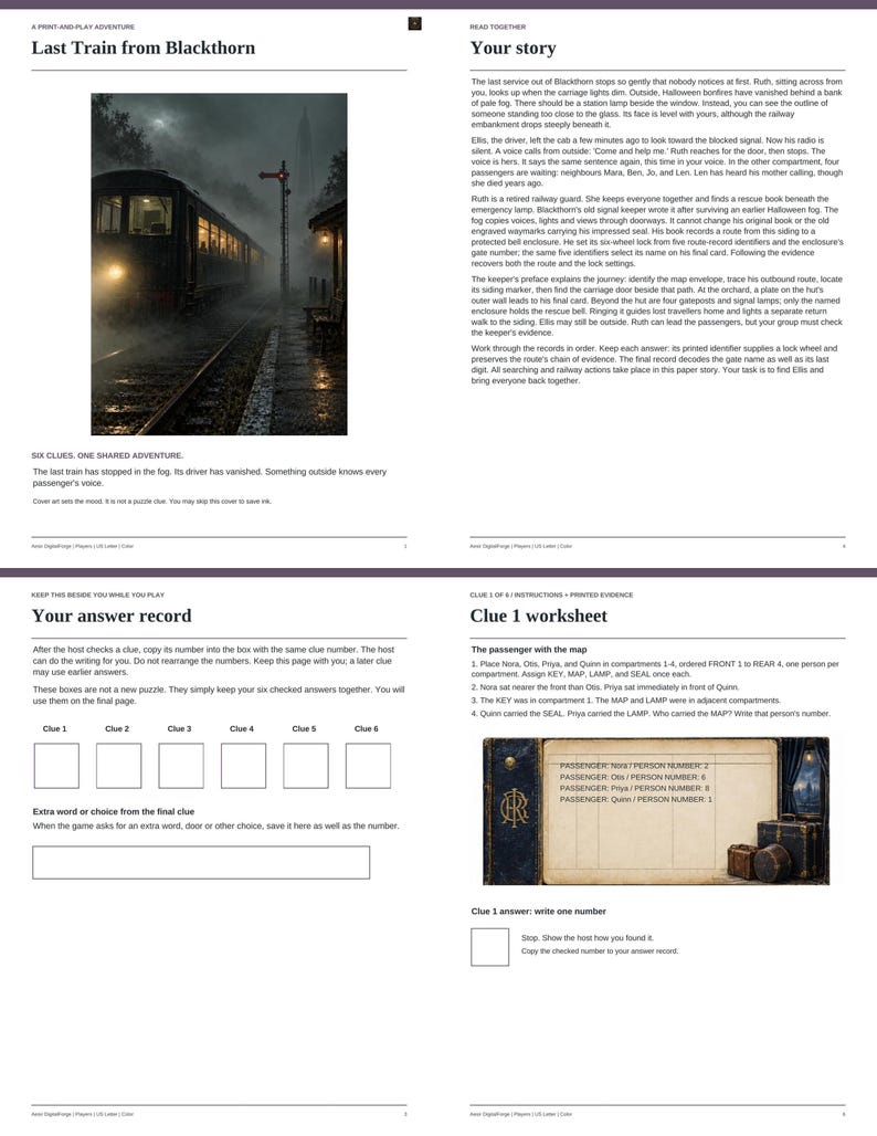 May include: A print-and-play adventure game titled Last Train from Blackthorn, featuring a story page, an answer record sheet, and a Clue 1 worksheet with a graphic of a vintage train station and a passenger list with numbered entries.