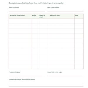 May include: A white wedding guest list planner page titled Who we want to invite. It features a table with columns for household names, people count, children, contact info, and sent status. Includes sections for guest-count goals and notes.