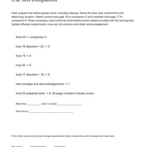 May include: A white document titled Gather & Give Thanks, Use this companion. It contains instructions for hosts, including numbered steps for attaching pages to companions, blank lines for meal time, host contact, and plan version details.