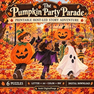 May include: A printable game titled The Pumpkin Party Parade featuring children in Halloween costumes including a pumpkin, a bat, and a ghost. The scene shows a park filled with autumn leaves, a large jack-o'-lantern, and text indicating 6 puzzles.