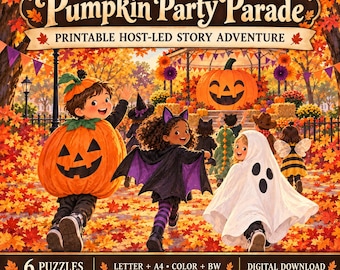 May include: A printable game titled The Pumpkin Party Parade featuring children in Halloween costumes including a pumpkin, a bat, and a ghost. The scene shows a park filled with autumn leaves, a large jack-o'-lantern, and text indicating 6 puzzles.