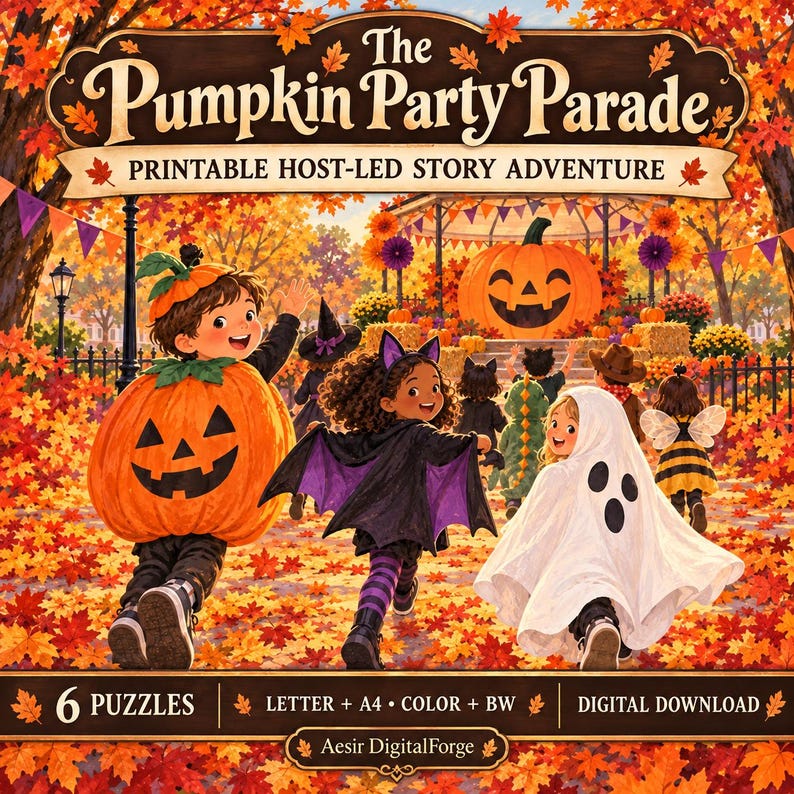 May include: A printable game titled The Pumpkin Party Parade featuring children in Halloween costumes including a pumpkin, a bat, and a ghost. The scene shows a park filled with autumn leaves, a large jack-o'-lantern, and text indicating 6 puzzles.
