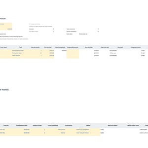 Puede incluir: Una hoja de c&aacute;lculo digital de calendario de mantenimiento del hogar con columnas para ID de tarea, &aacute;rea, tarea, intervalo, fechas de vencimiento y estado. Debajo, una tabla de historial de servicios muestra los detalles.