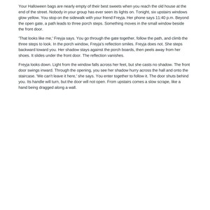 May include: A printed document titled Opening Story / Read Before Clue 1, featuring the text The lights come on. The page contains three paragraphs of narrative text about a Halloween story, ending with the footer Aesir DigitalForge | Players | US Letter | Color.