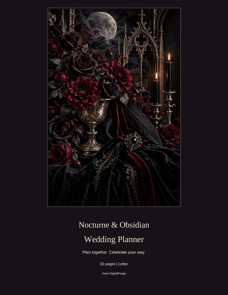 May include: A wedding planner titled Nocturne & Obsidian with 32 pages in Letter size. The cover features a silver chalice filled with dark red and black roses, black candles in silver holders, a black feather, and a brooch on black velvet.