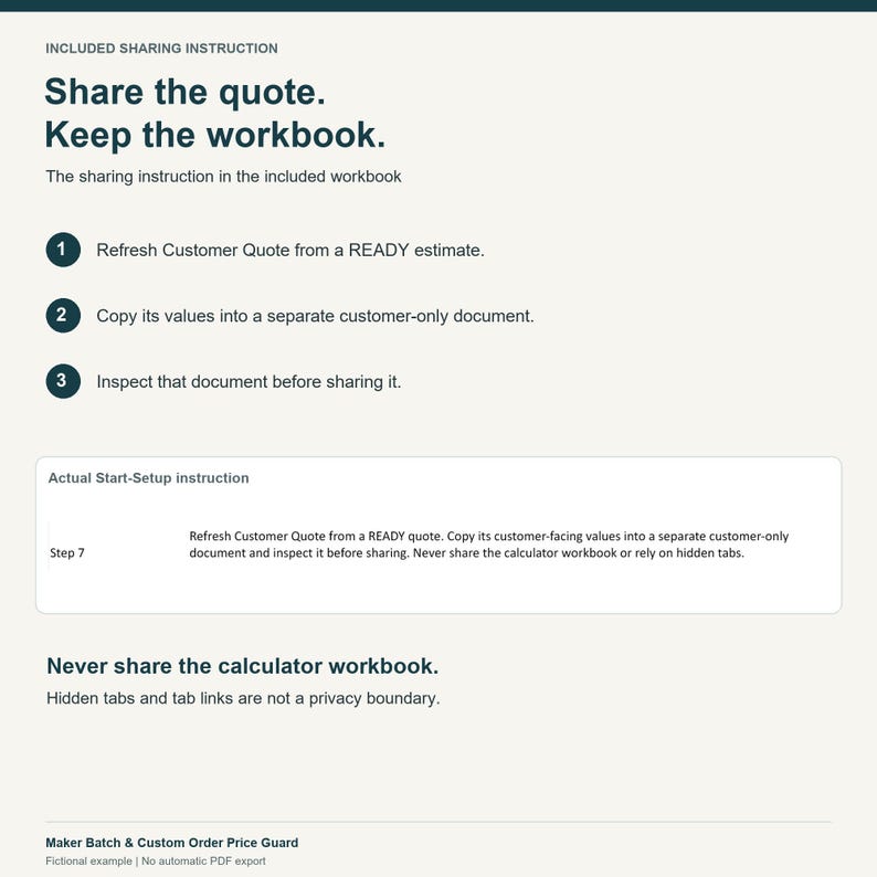 May include: A document titled Included Sharing Instruction with dark text on a light background. It lists three steps for sharing quotes and keeping workbooks, including a specific Start-Setup instruction and a warning about hidden tabs.