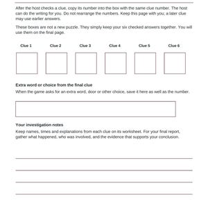 May include: A white paper answer record sheet with the heading Your answer record. It features six numbered boxes for clues, a rectangular field for an extra word or choice, and a section for investigation notes with five horizontal lines.