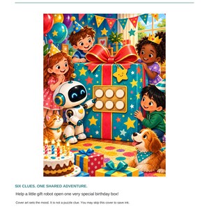 以下が含まれることがあります： The Birthday Gift Machineというタイトルのプリント＆プレイ冒険ゲーム。赤いリボンのついた大きな青いギフトボックス、小さな白いロボット、4人の子供、猫、犬、そしてカラフルな旗飾りの下にあるバースデーケーキが描かれています。