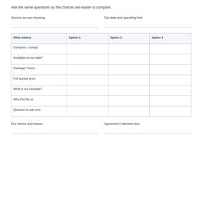 Pu&ograve; includere: Un foglio di lavoro per il confronto dei fornitori di matrimoni intitolato Our Wedding / Winter Starlit. Il documento presenta una tabella con colonne per Opzione 1, Opzione 2 e Opzione 3, e righe per criteri come Azienda, Disponibilit&agrave;, Pacchetto, Prezzo e Domande.