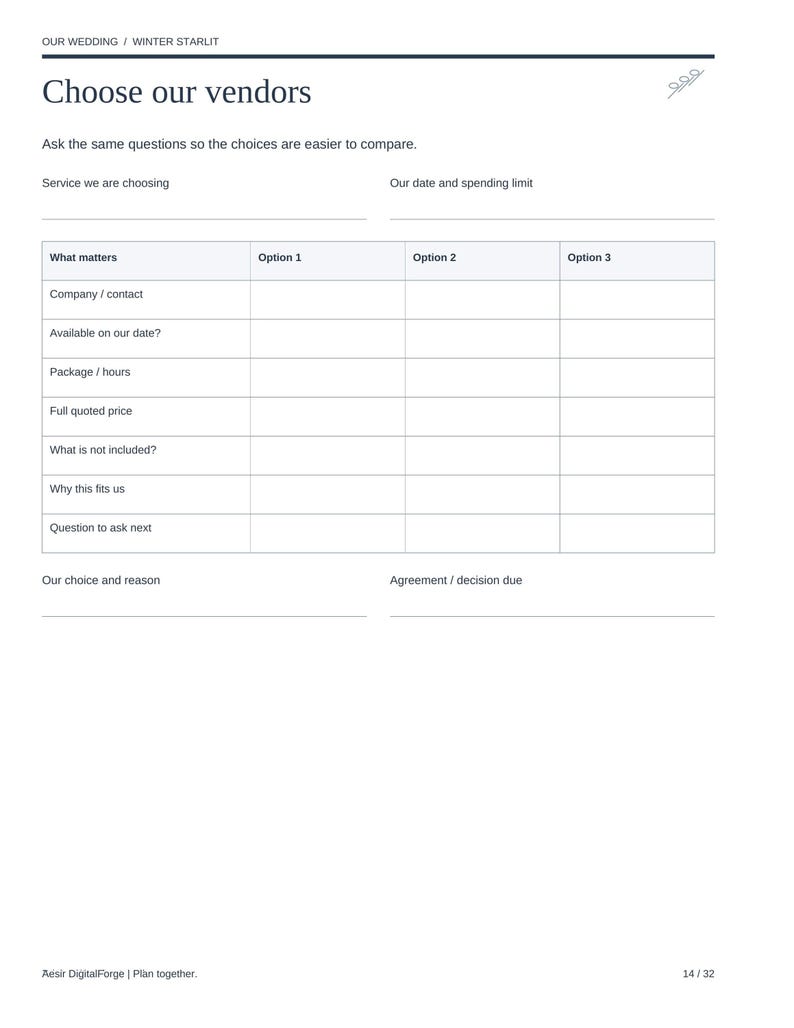 Pu&ograve; includere: Un foglio di lavoro per il confronto dei fornitori di matrimoni intitolato Our Wedding / Winter Starlit. Il documento presenta una tabella con colonne per Opzione 1, Opzione 2 e Opzione 3, e righe per criteri come Azienda, Disponibilit&agrave;, Pacchetto, Prezzo e Domande.