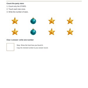 May include: A Clue 1 worksheet titled Clue 1 worksheet with instructions to count party stars. The page displays six gold star ornaments and two teal blue ball ornaments arranged in rows, with a box for the final count answer.