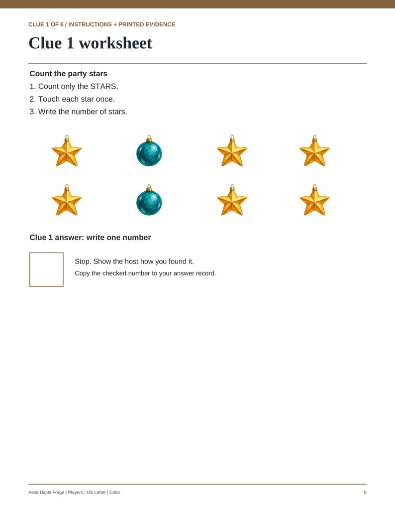 May include: A Clue 1 worksheet titled Clue 1 worksheet with instructions to count party stars. The page displays six gold star ornaments and two teal blue ball ornaments arranged in rows, with a box for the final count answer.