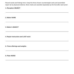 May include: A white paper document titled Your journey record with black text. It includes instructions and six numbered lines for recording information such as Reception OBJECT, Maker NAME, Maker's OBJECT, Repair instruction, Three offerings, and Plate WORD.