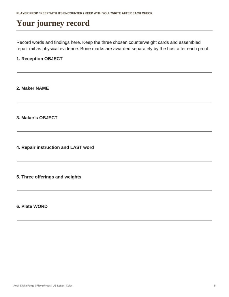 May include: A white paper document titled Your journey record with black text. It includes instructions and six numbered lines for recording information such as Reception OBJECT, Maker NAME, Maker's OBJECT, Repair instruction, Three offerings, and Plate WORD.