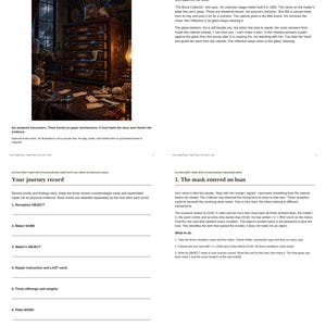 May include: A multi-page paper escape kit titled The Bone Collector's Cabinet. The document includes a dark, atmospheric illustration of a wooden cabinet with six drawers, a desk with scattered papers, and detailed instructional text.