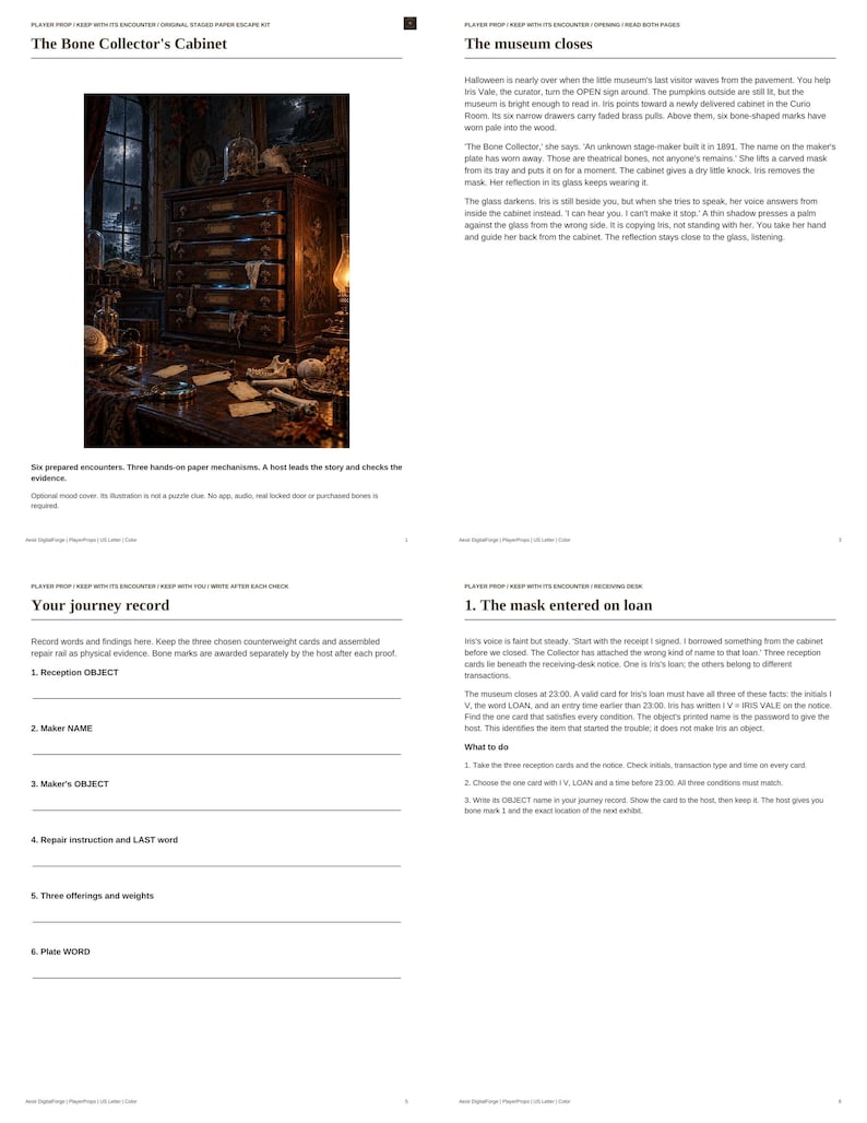 May include: A multi-page paper escape kit titled The Bone Collector's Cabinet. The document includes a dark, atmospheric illustration of a wooden cabinet with six drawers, a desk with scattered papers, and detailed instructional text.
