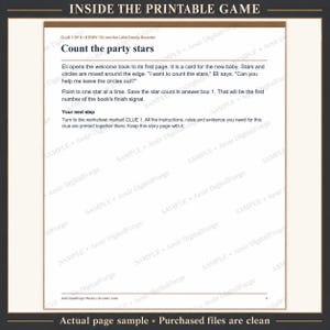 May include: A printable game page titled Count the party stars, featuring a story about Eli and a baby. The text includes instructions to count stars while excluding circles, and directs players to a worksheet marked CLUE 1 for further steps.