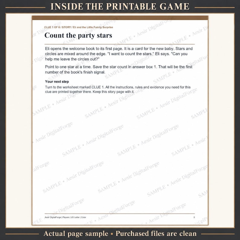 May include: A printable game page titled Count the party stars, featuring a story about Eli and a baby. The text includes instructions to count stars while excluding circles, and directs players to a worksheet marked CLUE 1 for further steps.
