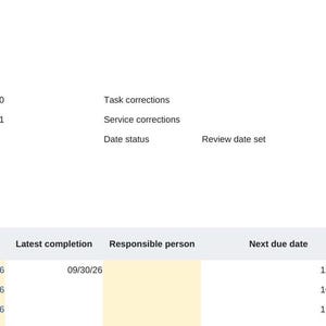 Puede incluir: Una hoja de c&aacute;lculo digital de calendario de mantenimiento del hogar con columnas para ID de tarea, &aacute;rea, descripci&oacute;n, meses de intervalo, fechas de vencimiento y estado. Incluye encabezados de texto como Home label y Currency label.