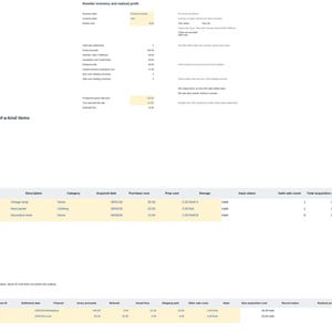 Puede incluir: Una hoja de c&aacute;lculo digital titulada Reseller inventory and realized profit, que presenta tablas para art&iacute;culos &uacute;nicos y liquidaciones de ventas. El documento incluye columnas para descripciones de art&iacute;culos como Vintage lamp, Wool jacket y Decorative bowl.