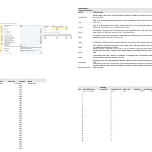 May include: A digital spreadsheet document titled Maker Batch & Custom Order Price Guard, featuring tables for material library, component lines, and buyer guide instructions with text detailing compatibility, steps, and limits for pricing.