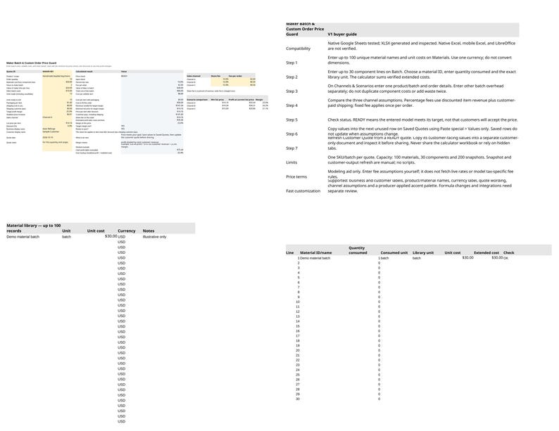 May include: A digital spreadsheet document titled Maker Batch & Custom Order Price Guard, featuring tables for material library, component lines, and buyer guide instructions with text detailing compatibility, steps, and limits for pricing.