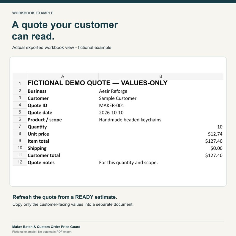 May include: A digital spreadsheet document titled FICTIONAL DEMO QUOTE &mdash; VALUES-ONLY. The table lists business details for Aesir Reforge, including a quote ID MAKER-001, date 2026-10-10, product scope for handmade beaded keychains, and pricing.