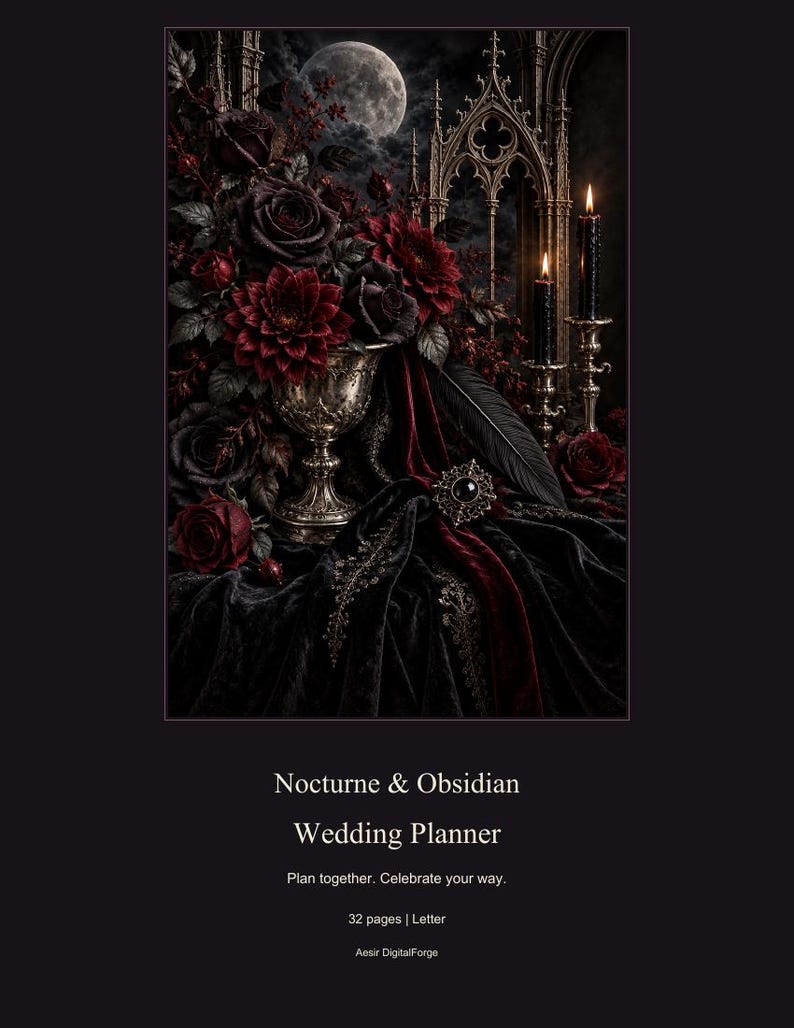 May include: A wedding planner titled Nocturne & Obsidian with 32 pages in letter size. The cover features a silver chalice filled with dark red roses, black candles in ornate holders, a full moon, and gothic arches over black velvet fabric.