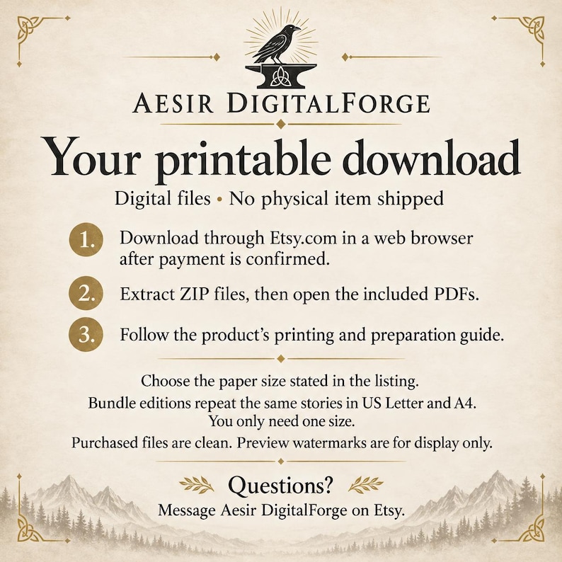 May include: An informational graphic for Aesir DigitalForge featuring a raven icon above an anvil. The text outlines instructions for downloading and printing digital files, including steps for extracting ZIP files and choosing paper sizes.