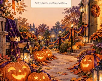May include: A digital graphic titled Pumpkin Parade featuring a Halloween scene with carved jack-o'-lanterns, autumn leaves, lanterns, and a wooden bench. The text reads: Pumpkin Parade, A little planning. A lot of Halloween fun. Family host planner & matching party stationery.