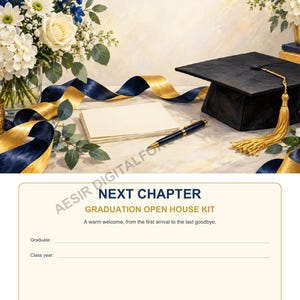 Puede incluir: Un kit de fiesta de graduación con un birrete negro con borla dorada, una pila de tarjetas en blanco y un bolígrafo. El texto dice NEXT CHAPTER GRADUATION OPEN HOUSE KIT, A warm welcome, from the first arrival to the last goodbye.