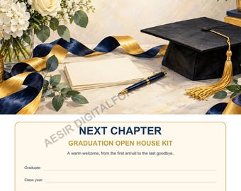 May include: A graduation open house kit featuring a black mortarboard with a gold tassel, a stack of blank cards, and a pen. The text reads NEXT CHAPTER GRADUATION OPEN HOUSE KIT, A warm welcome, from the first arrival to the last goodbye.
