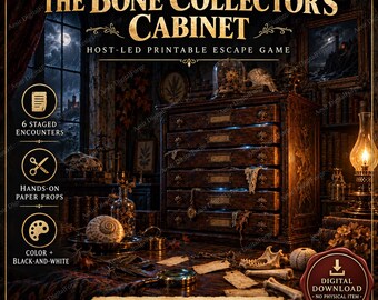 May include: The Bone Collector's Cabinet host-led printable escape game features 6 staged encounters, hands-on paper props, and color or black-and-white options. This digital download includes US Letter and A4 PDFs for print, cut, play, and explore.