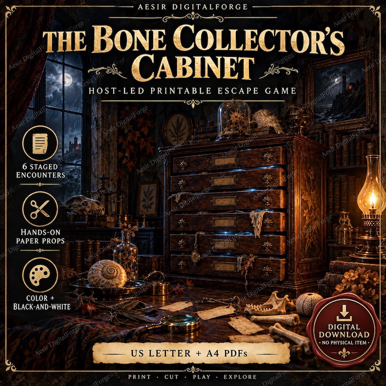 May include: The Bone Collector's Cabinet host-led printable escape game features 6 staged encounters, hands-on paper props, and color or black-and-white options. This digital download includes US Letter and A4 PDFs for print, cut, play, and explore.