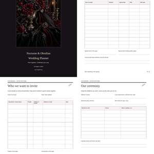 May include: A wedding planner titled Nocturne & Obsidian featuring a cover with dark red roses, a silver chalice, and gothic architecture. The interior pages include templates for tracking wedding expenses, guest lists, and ceremony details.