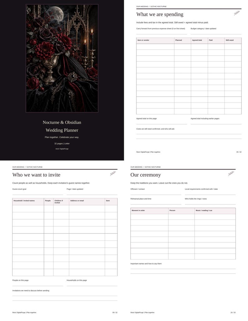 May include: A wedding planner titled Nocturne & Obsidian featuring a cover with dark red roses, a silver chalice, and gothic architecture. The interior pages include templates for tracking wedding expenses, guest lists, and ceremony details.