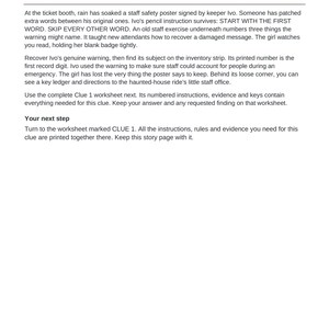 May include: A printed document titled CLUE 1 OF 6 / STORY / The Fairground After Midnight, featuring the heading The poster that argues. The text describes a narrative about a ticket booth, a staff safety poster, and instructions for a game.
