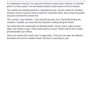 May include: A page titled Read Together Your story featuring text about a ghost named Dominic in a sweet shop on Halloween. The text describes a puzzle involving cookie delivery box numbers and includes a footer with Aesir DigitalForge.