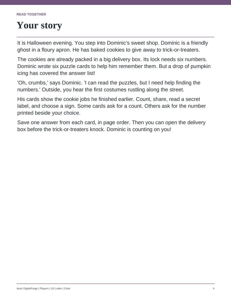 May include: A page titled Read Together Your story featuring text about a ghost named Dominic in a sweet shop on Halloween. The text describes a puzzle involving cookie delivery box numbers and includes a footer with Aesir DigitalForge.