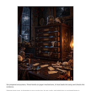 May include: A dark wooden cabinet with six drawers, labeled The Bone Collector's Cabinet, sits on a desk with scattered paper tags, bones, a magnifying glass, and a glass cloche. The scene includes a window view of a stormy night.