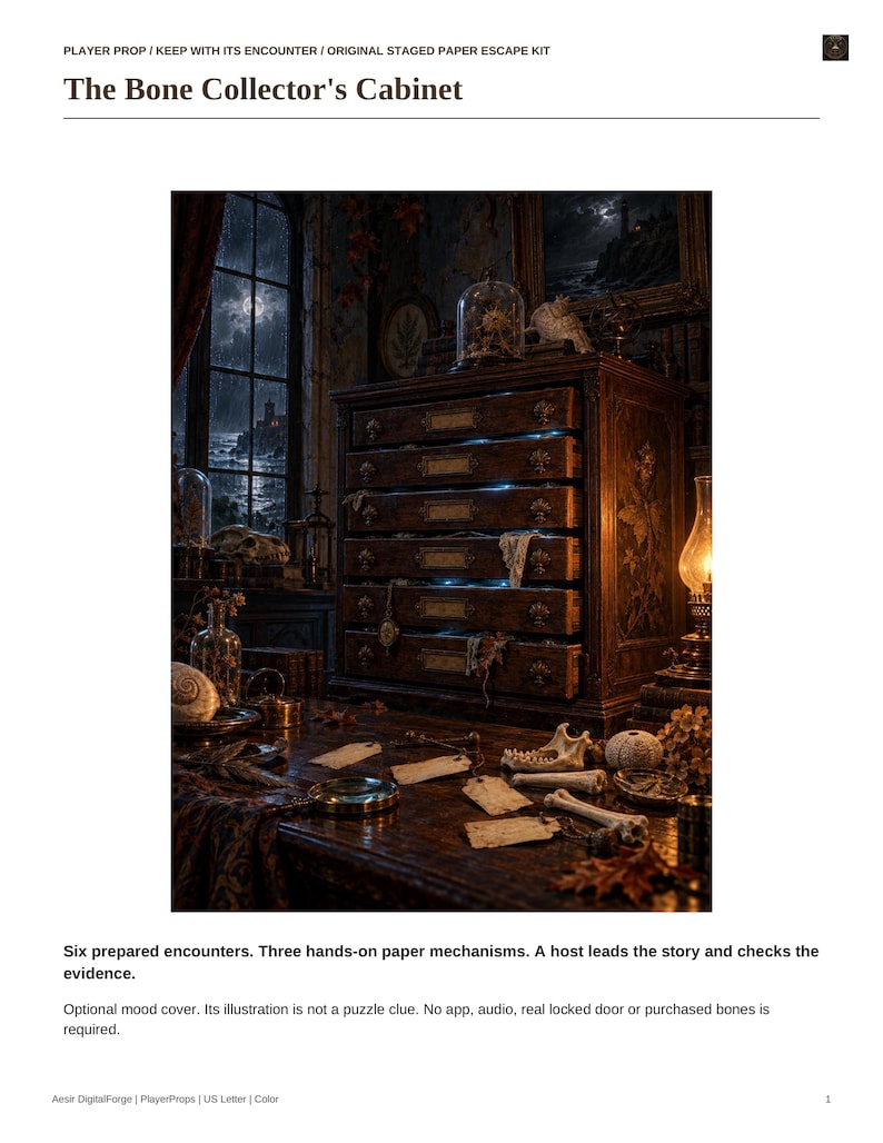 May include: A dark wooden cabinet with six drawers, labeled The Bone Collector's Cabinet, sits on a desk with scattered paper tags, bones, a magnifying glass, and a glass cloche. The scene includes a window view of a stormy night.