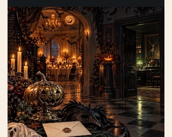 May include: A printable digital murder mystery game titled The Last Costume at Briarwick Hall. The image features a gold jack-o'-lantern, a black feathered mask, and a sealed envelope on a table, with a dark, candlelit mansion interior in the background.